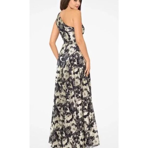 Betsy & Adam GWEN" LONG ONE SHOULDER WRAP FOIL FLOWER DRESS Sz 12 NEW MSRP $289 - Picture 3 of 12